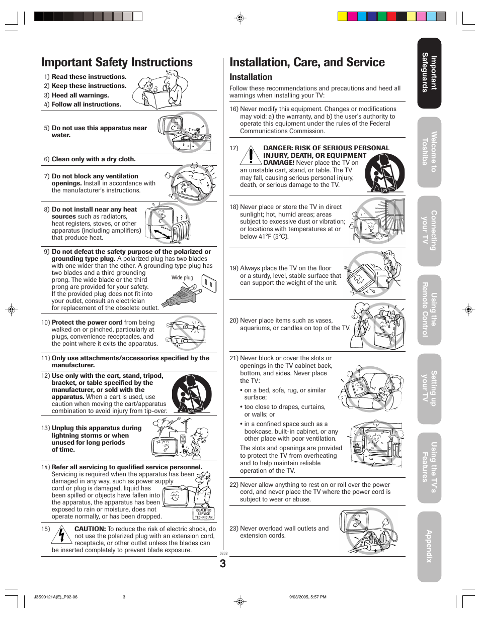 Important safety instructions, Installation, care, and service, Installation | Toshiba 32AF45 User Manual | Page 3 / 36