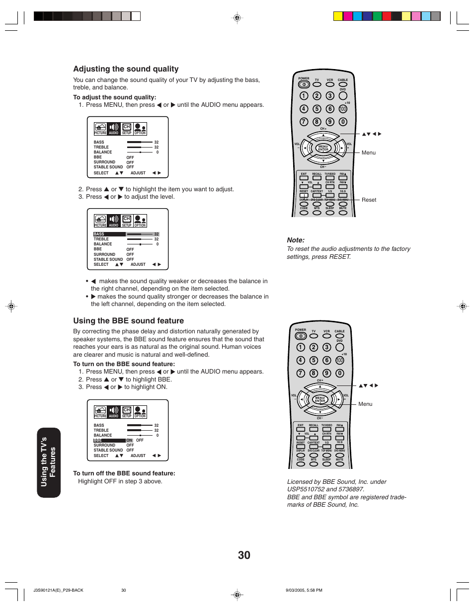 Adjusting the sound quality, Using the bbe sound feature, Using the tv ’s features | Toshiba 32AF45 User Manual | Page 30 / 36