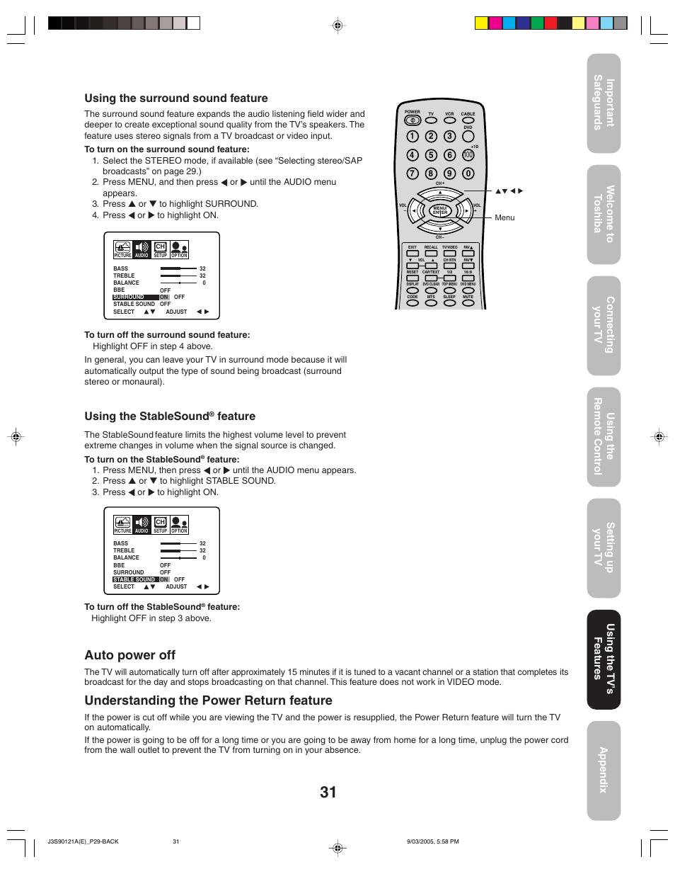 Auto power off, Understanding the power return feature, Using the stablesound | Feature, Using the surround sound feature, Using the tv ’s features | Toshiba 32AF45 User Manual | Page 31 / 36
