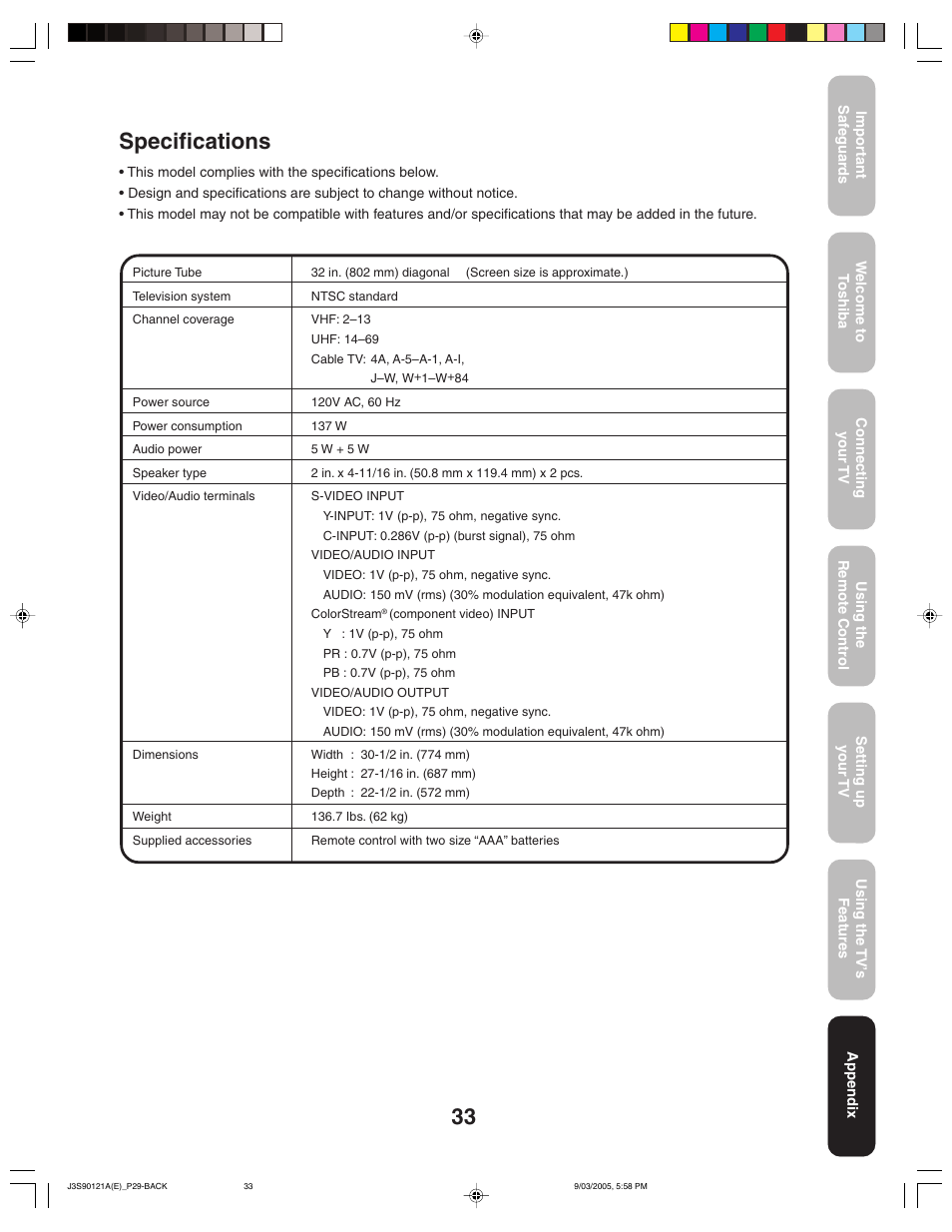 Specifications | Toshiba 32AF45 User Manual | Page 33 / 36