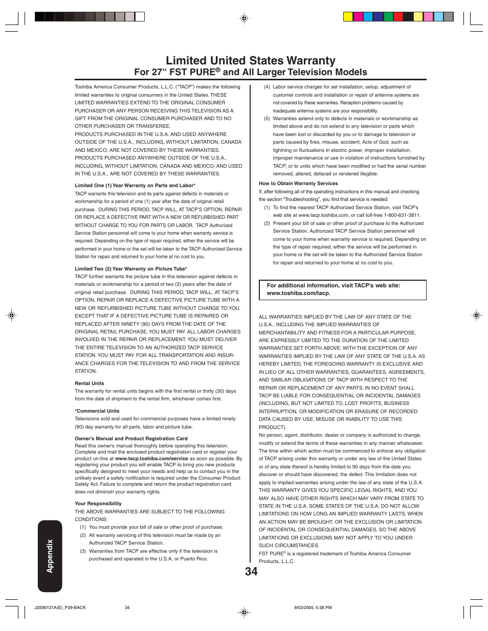Limited united states warranty, For 27'' fst pure, And all larger television models | Appendix | Toshiba 32AF45 User Manual | Page 34 / 36