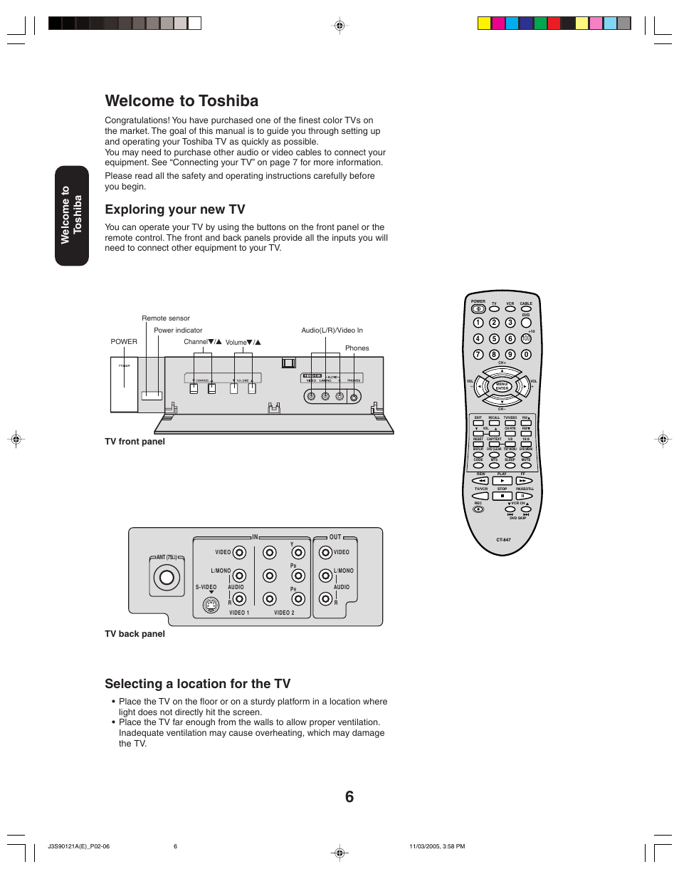 Welcome to toshiba, Selecting a location for the tv, Exploring your new tv | Welcome to t oshiba, Tv back panel tv front panel | Toshiba 32AF45 User Manual | Page 6 / 36