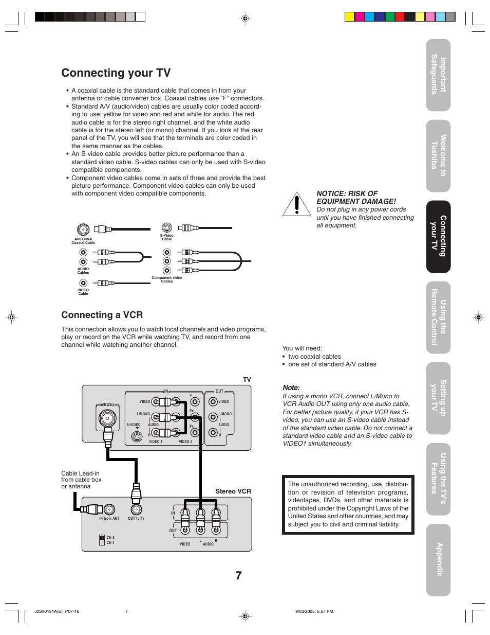 Connecting a vcr, Notice: risk of equipment damage, Connecting your tv | Toshiba 32AF45 User Manual | Page 7 / 36