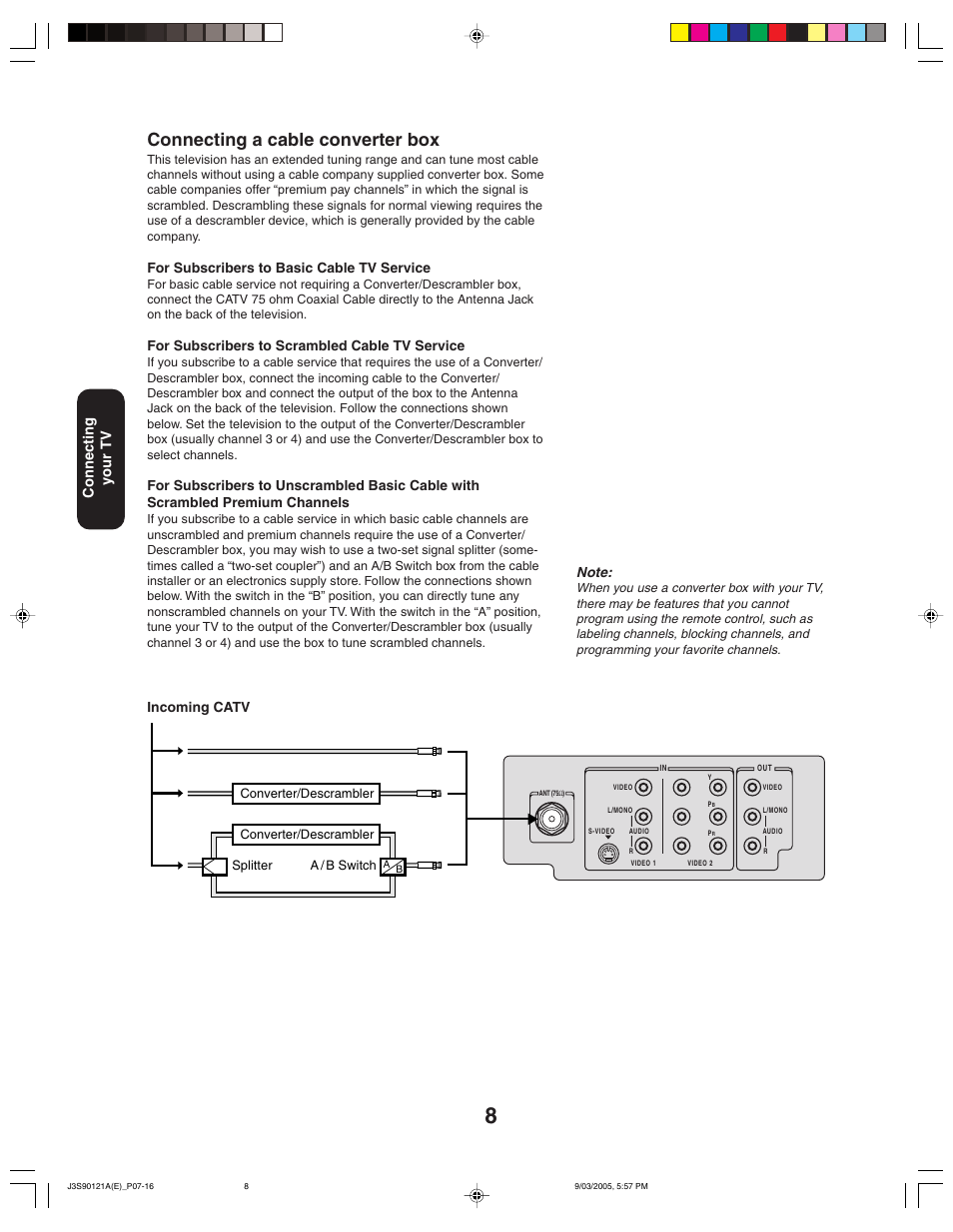 Connecting a cable converter box, Connecting your tv, For subscribers to basic cable tv service | For subscribers to scrambled cable tv service, Incoming catv | Toshiba 32AF45 User Manual | Page 8 / 36
