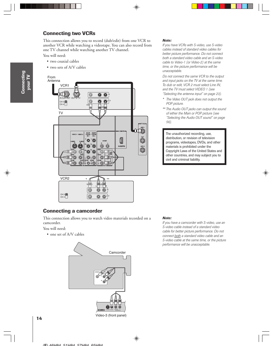 Connecting two vcrs, Connecting a camcorder | Toshiba 46H84 User Manual | Page 14 / 64