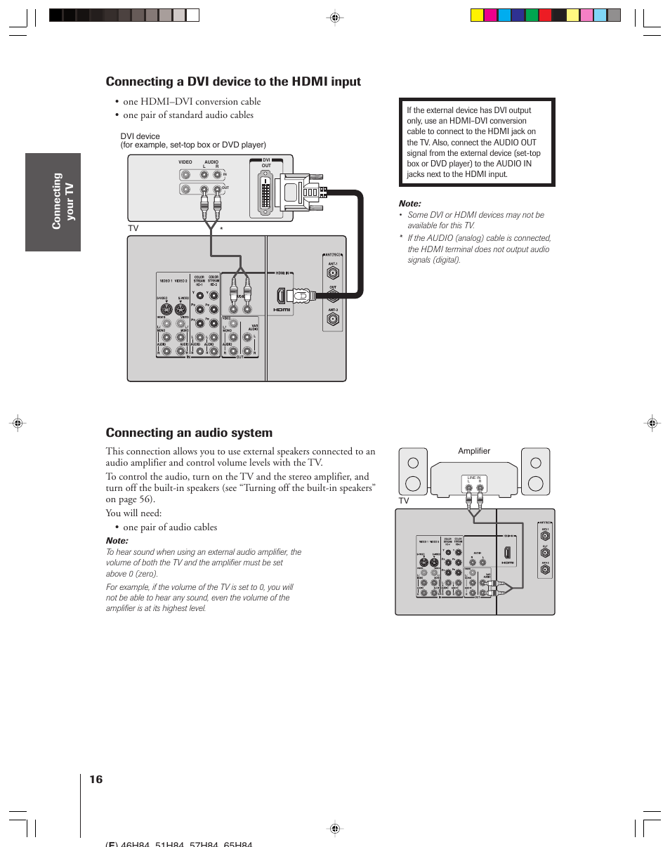 Connecting a dvi device to the hdmi input, Connecting an audio system | Toshiba 46H84 User Manual | Page 16 / 64