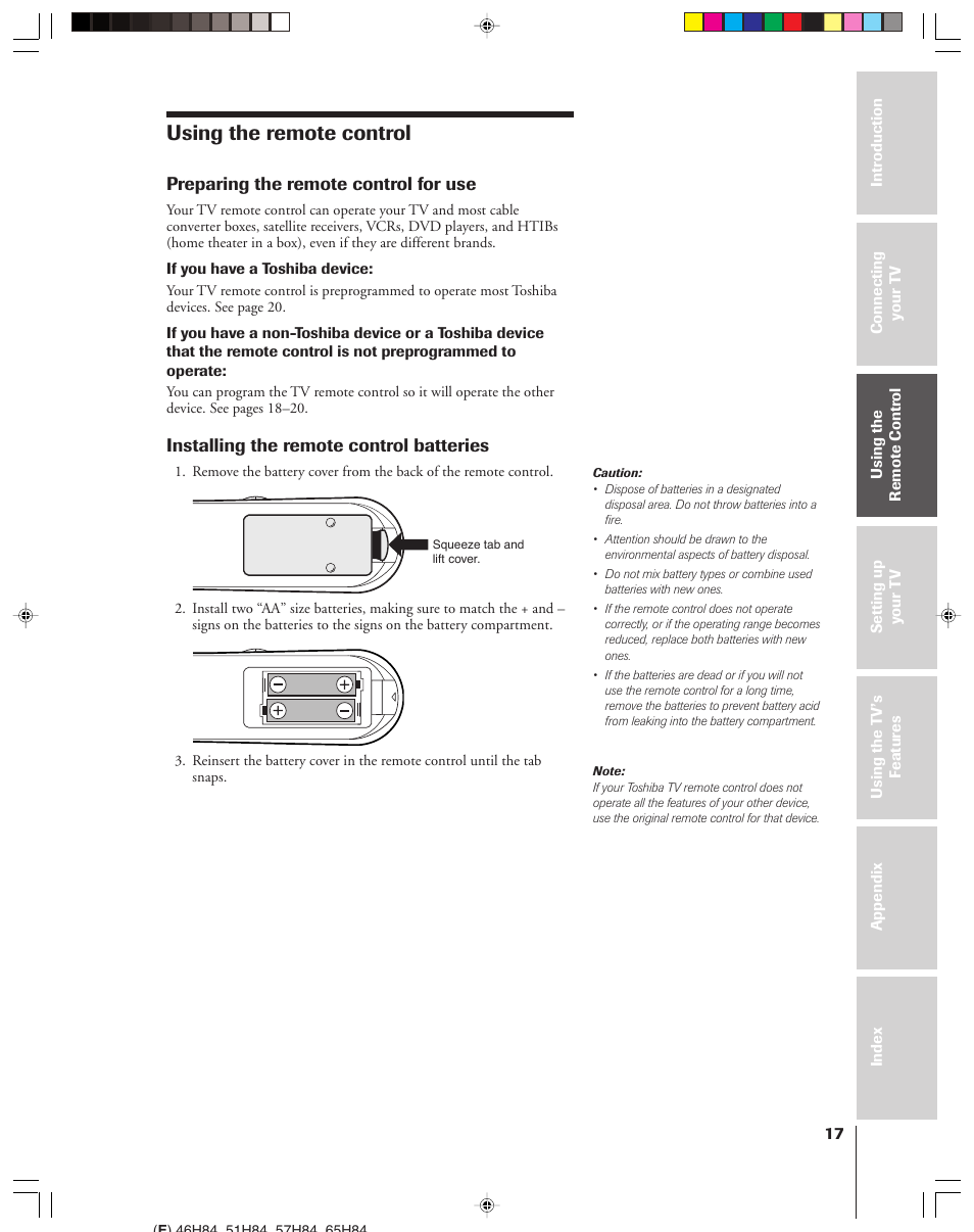 Using the remote control, Preparing the remote control for use, Installing the remote control batteries | Toshiba 46H84 User Manual | Page 17 / 64