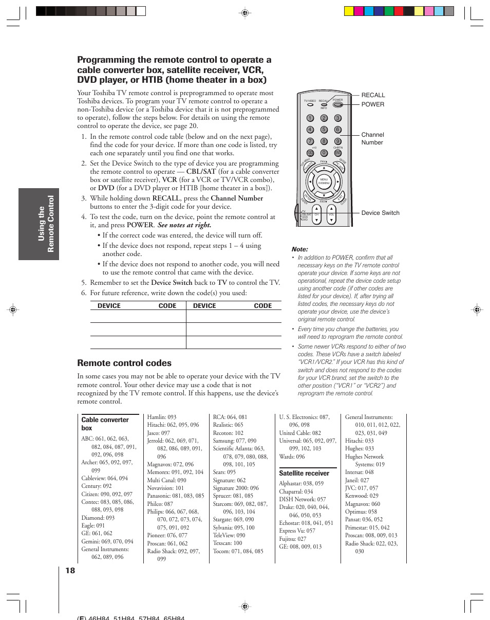 Remote control codes | Toshiba 46H84 User Manual | Page 18 / 64