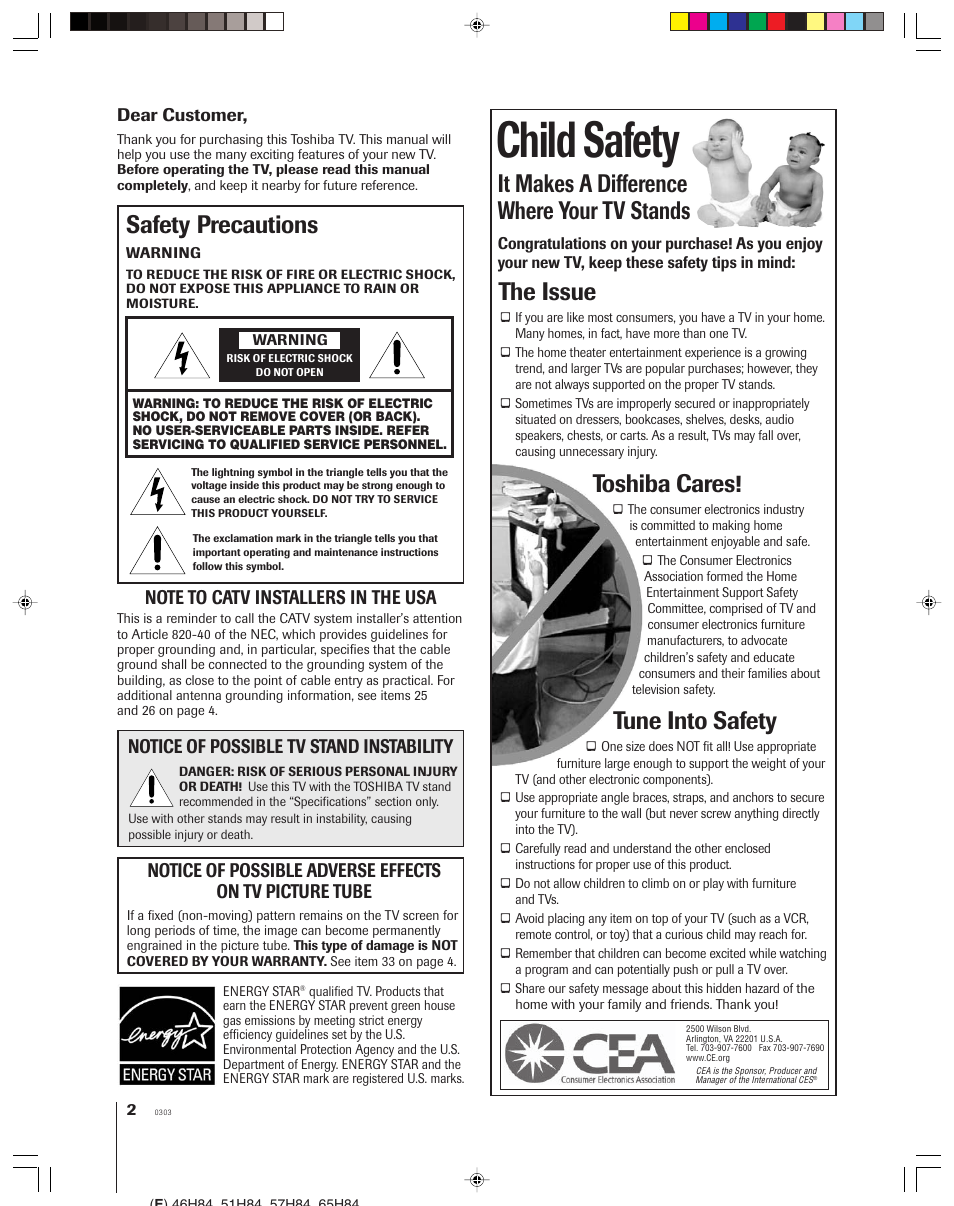 Child safety, It makes a difference where your tv stands, The issue | Toshiba cares, Tune into safety, Safety precautions, Notice of possible tv stand instability | Toshiba 46H84 User Manual | Page 2 / 64