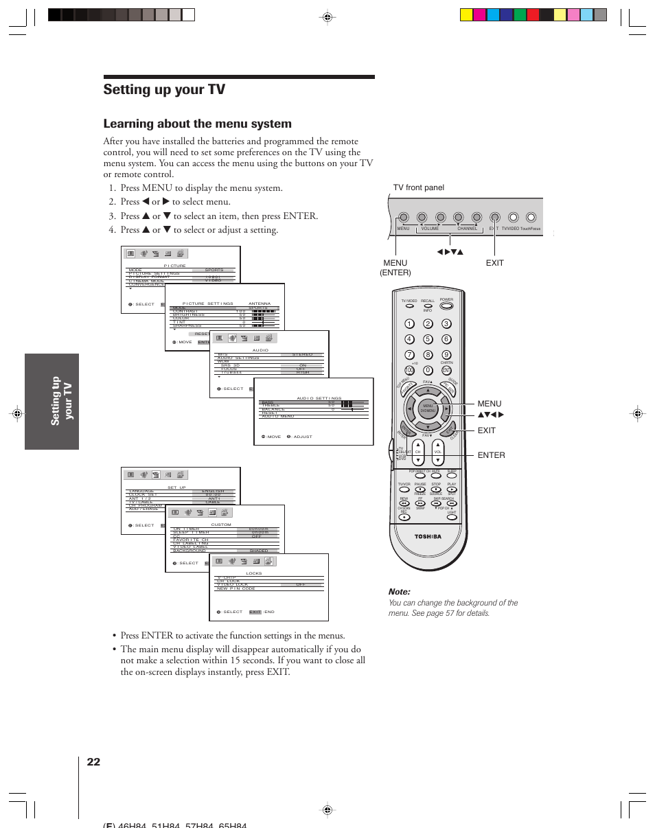 Setting up your tv, Learning about the menu system | Toshiba 46H84 User Manual | Page 22 / 64