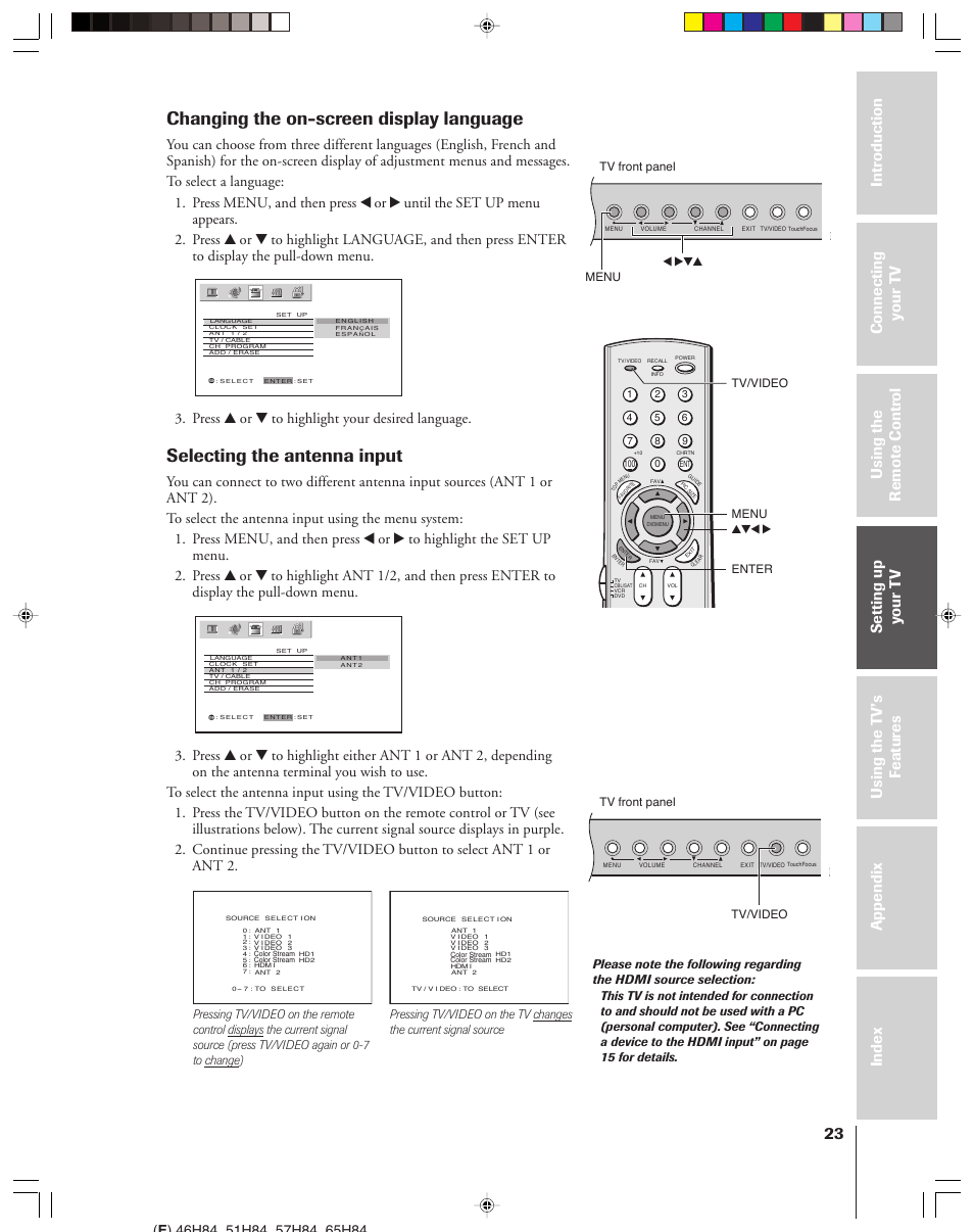 Changing the on-screen display language, Selecting the antenna input, Press y or z to highlight your desired language | Toshiba 46H84 User Manual | Page 23 / 64