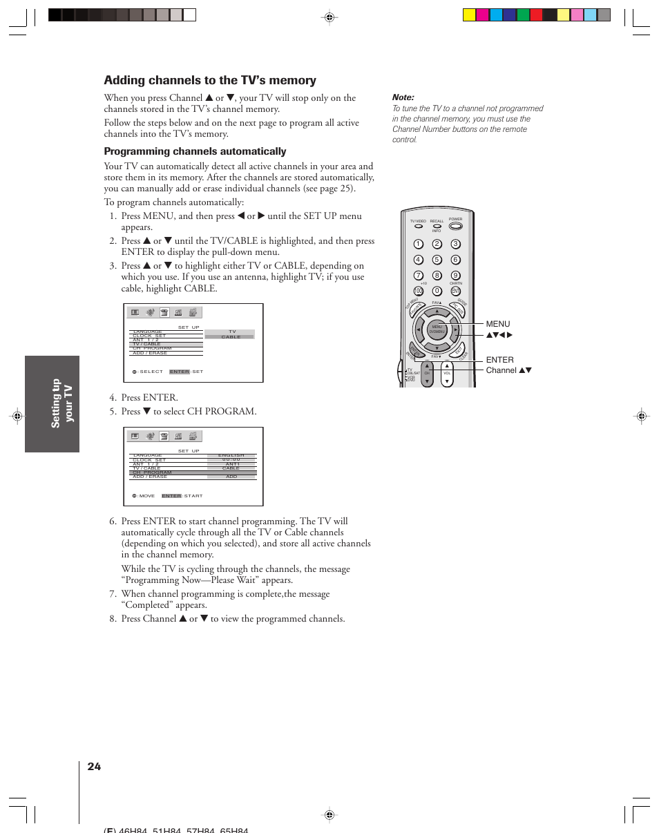 Programming channels automatically, Press enter. 5. press z to select ch program | Toshiba 46H84 User Manual | Page 24 / 64