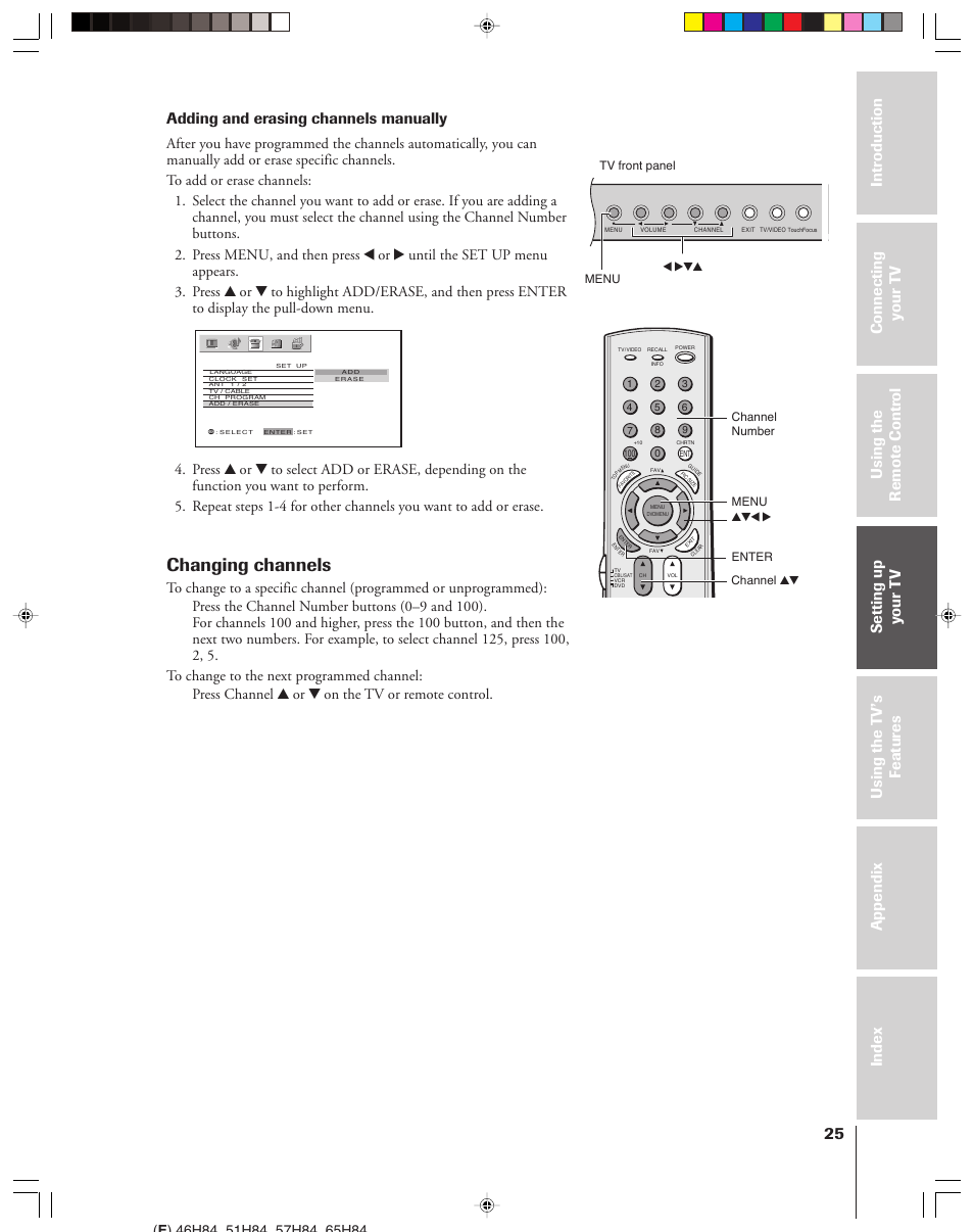 Changing channels, Adding and erasing channels manually | Toshiba 46H84 User Manual | Page 25 / 64