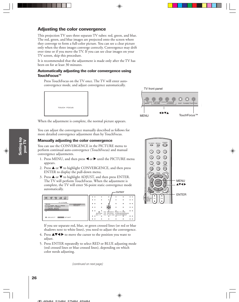Adjusting the color convergence, Manually adjusting the color convergence | Toshiba 46H84 User Manual | Page 26 / 64