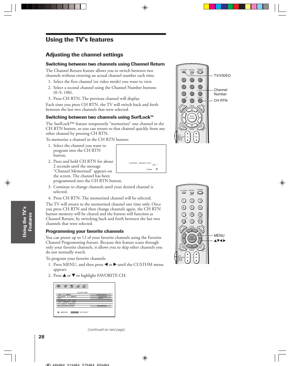 Using the tv’s features, Adjusting the channel settings, Switching between two channels using surflock | Programming your favorite channels, Continued on next page) | Toshiba 46H84 User Manual | Page 28 / 64