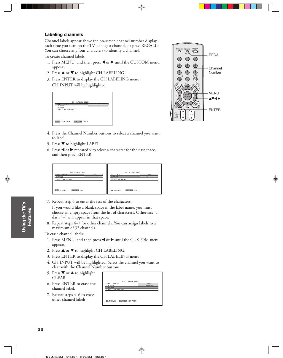 Labeling channels | Toshiba 46H84 User Manual | Page 30 / 64