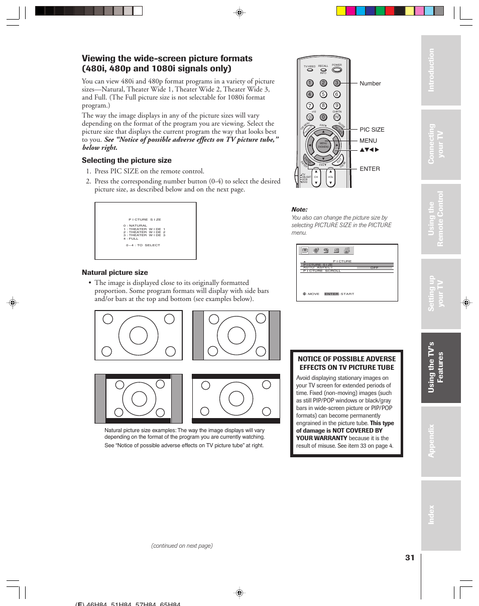 Selecting the picture size | Toshiba 46H84 User Manual | Page 31 / 64