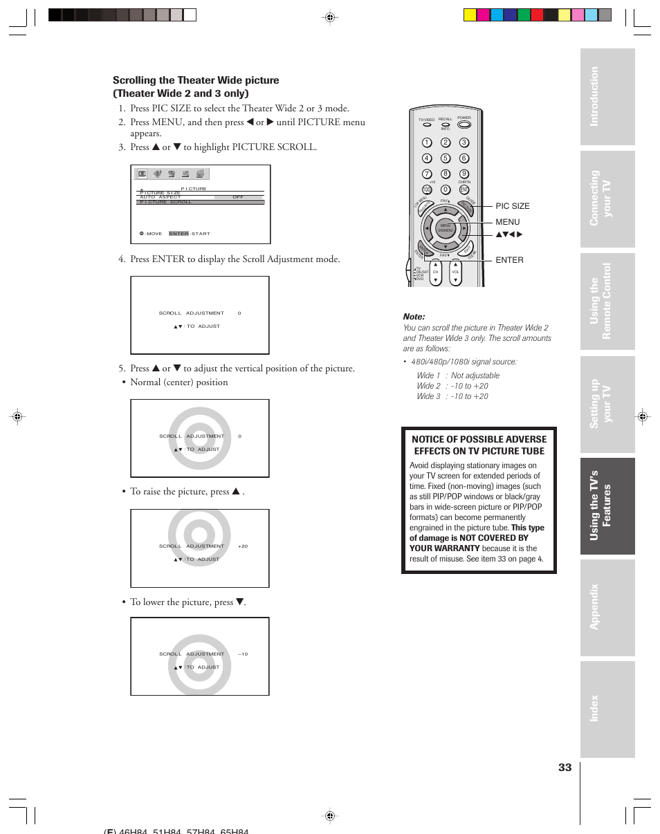 Press enter to display the scroll adjustment mode | Toshiba 46H84 User Manual | Page 33 / 64