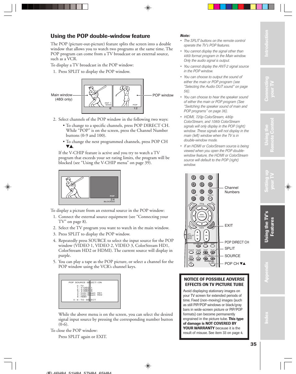 Using the pop double-window feature | Toshiba 46H84 User Manual | Page 35 / 64