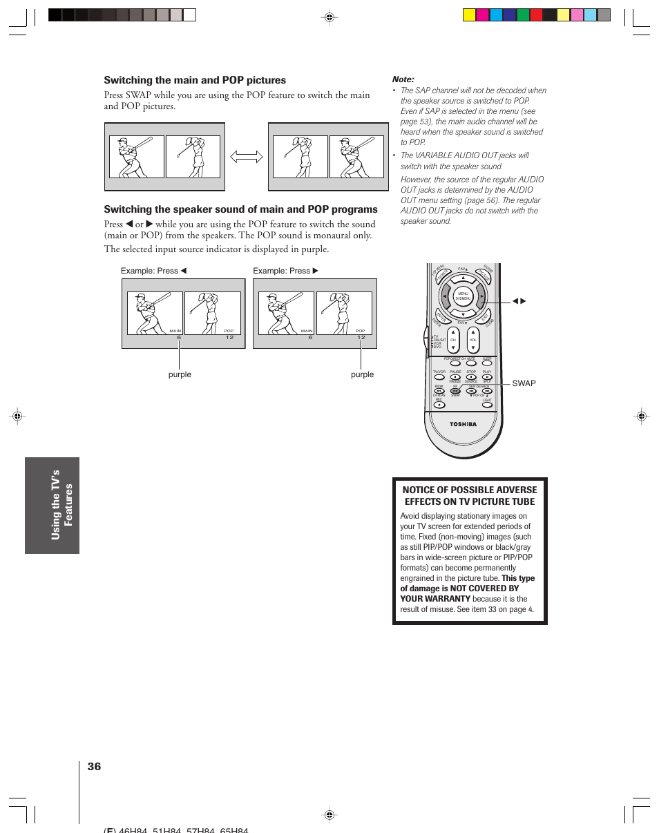 Switching the main and pop pictures | Toshiba 46H84 User Manual | Page 36 / 64