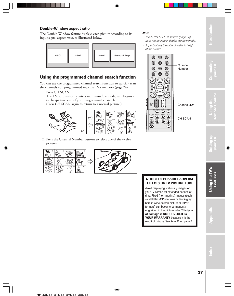 Using the programmed channel search function, Double-window aspect ratio | Toshiba 46H84 User Manual | Page 37 / 64