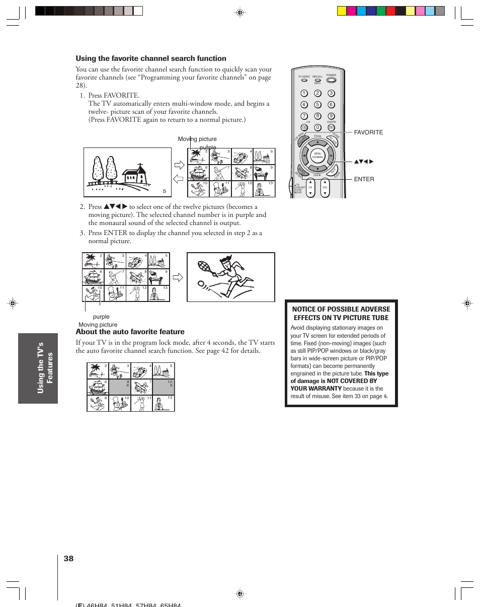 Using the favorite channel search function, About the auto favorite feature | Toshiba 46H84 User Manual | Page 38 / 64