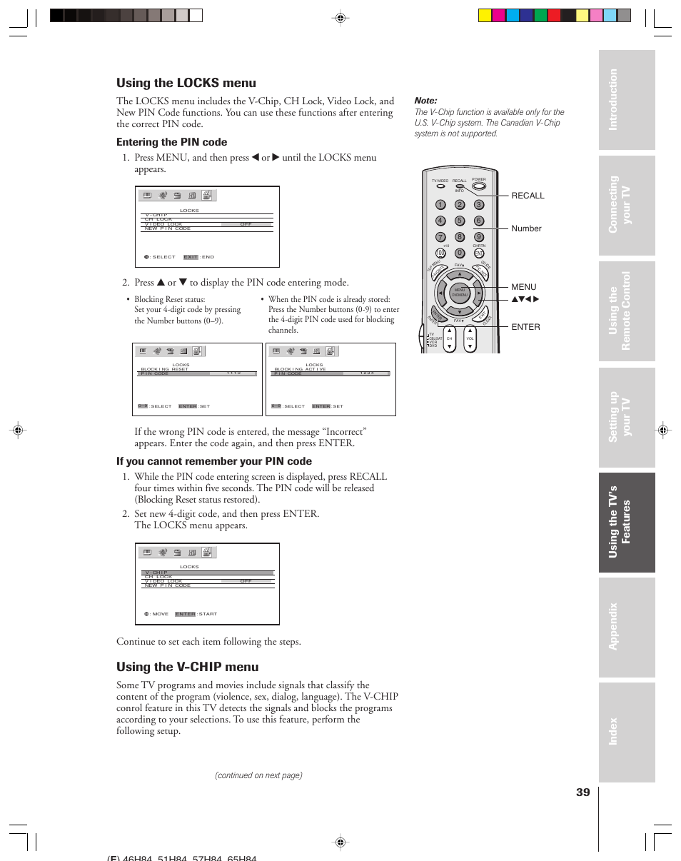 Using the locks menu, Using the v-chip menu, Entering the pin code | If you cannot remember your pin code, Press y or z to display the pin code entering mode, Continue to set each item following the steps | Toshiba 46H84 User Manual | Page 39 / 64