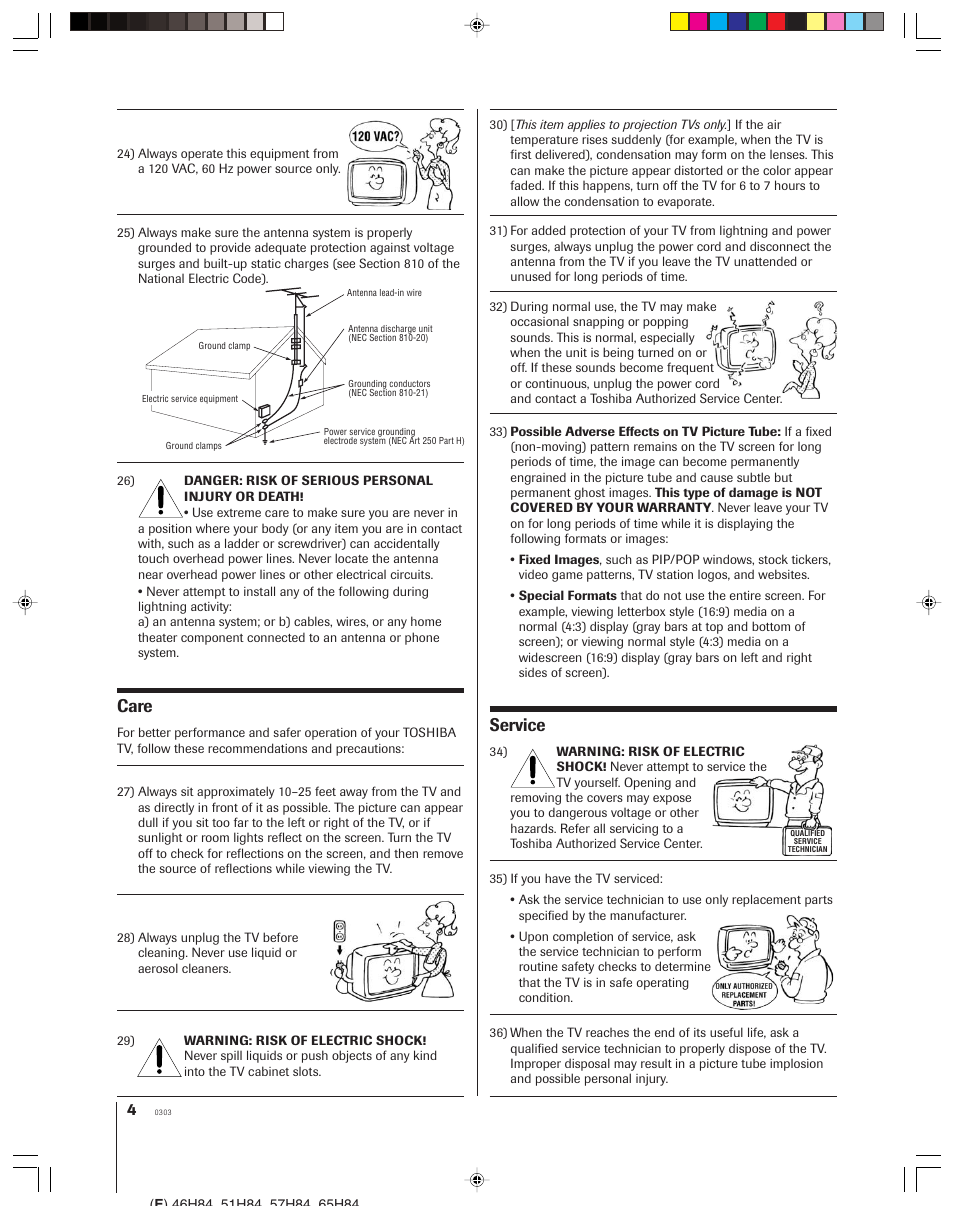 Care, Service | Toshiba 46H84 User Manual | Page 4 / 64
