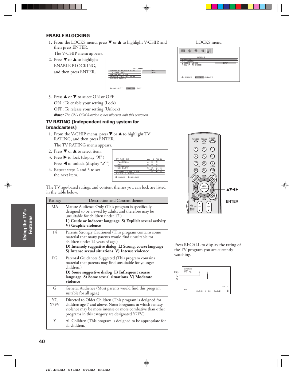 Enable blocking, Locks menu | Toshiba 46H84 User Manual | Page 40 / 64