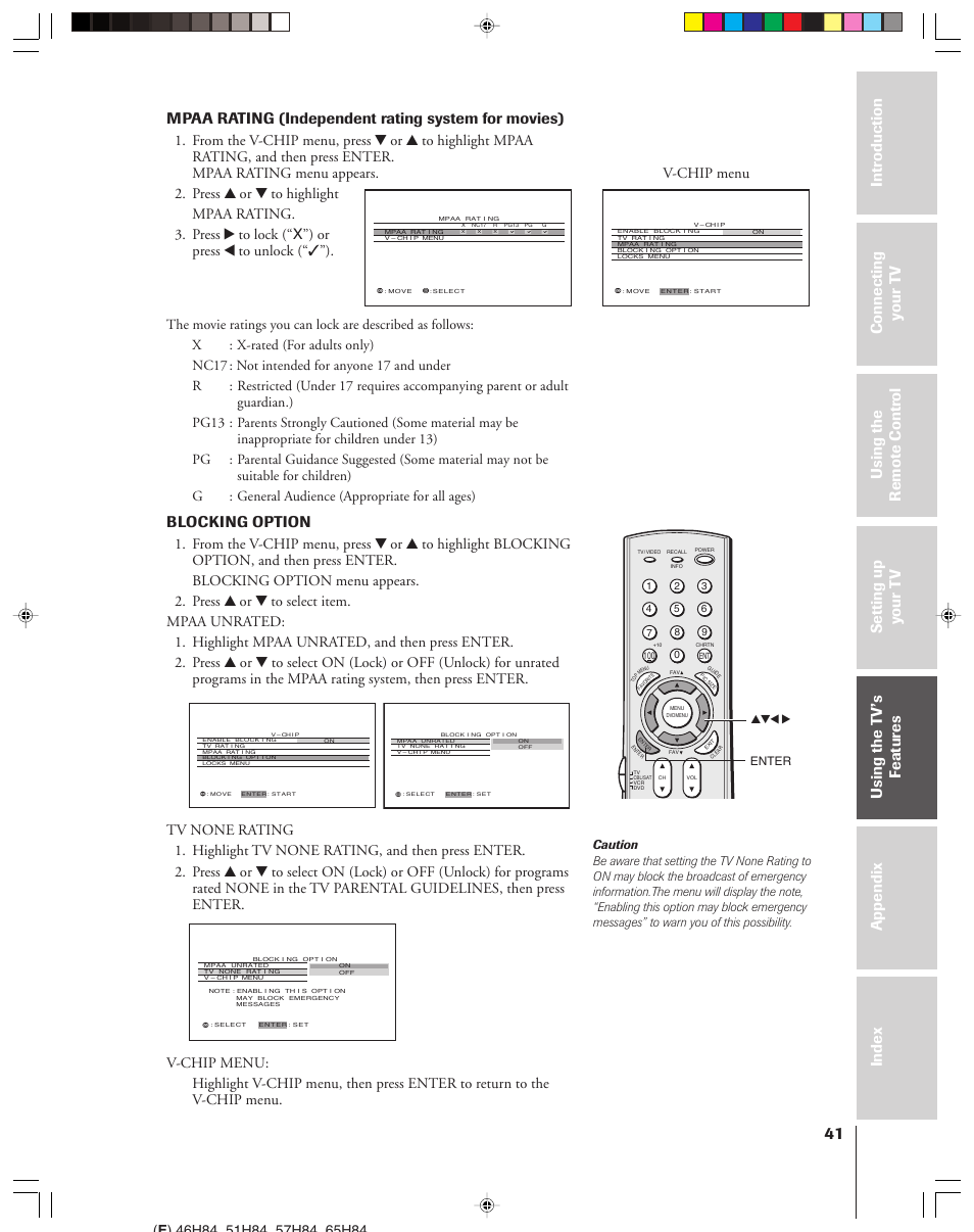 Mpaa rating (independent rating system for movies), Blocking option | Toshiba 46H84 User Manual | Page 41 / 64