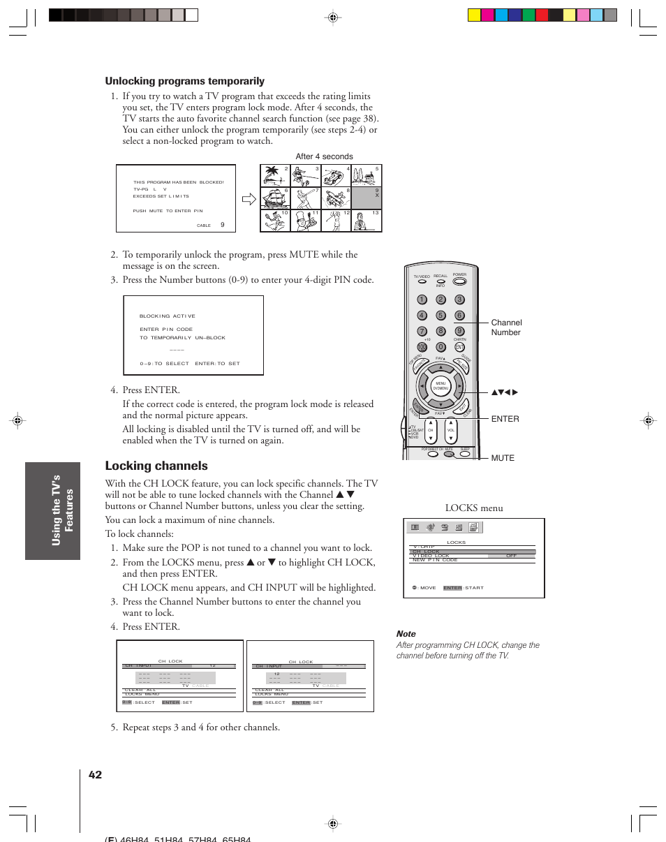 Locking channels, Unlocking programs temporarily, Repeat steps 3 and 4 for other channels | Locks menu | Toshiba 46H84 User Manual | Page 42 / 64