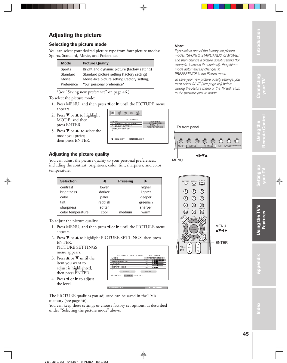 Adjusting the picture, Selecting the picture mode, Adjusting the picture quality | Toshiba 46H84 User Manual | Page 45 / 64