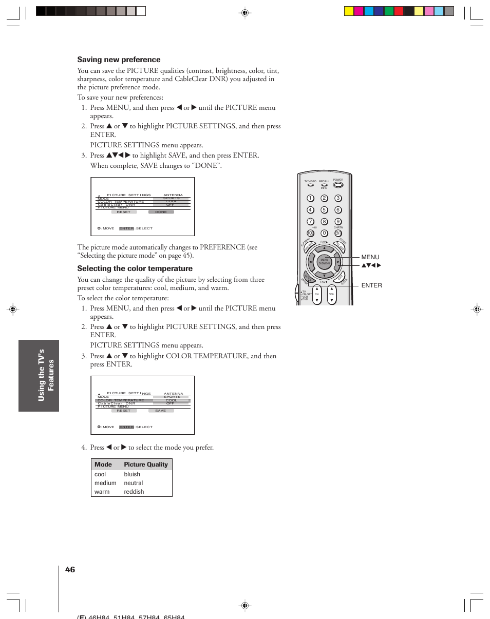 Saving new preference, Selecting the color temperature, Press x or • to select the mode you prefer | Toshiba 46H84 User Manual | Page 46 / 64