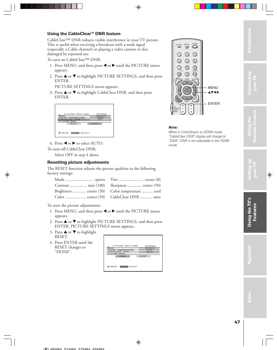 Using the cableclear™ dnr feature, Resetting picture adjustments | Toshiba 46H84 User Manual | Page 47 / 64