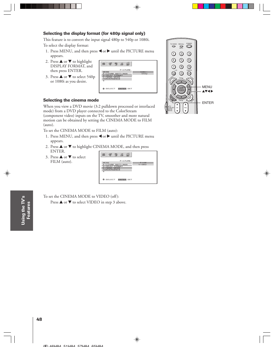 Selecting the cinema mode | Toshiba 46H84 User Manual | Page 48 / 64