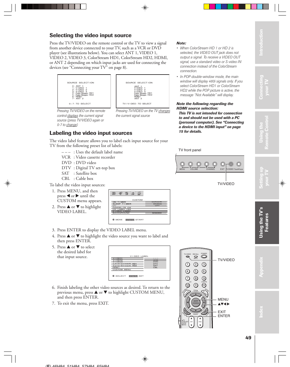 Selecting the video input source, Labeling the video input sources | Toshiba 46H84 User Manual | Page 49 / 64