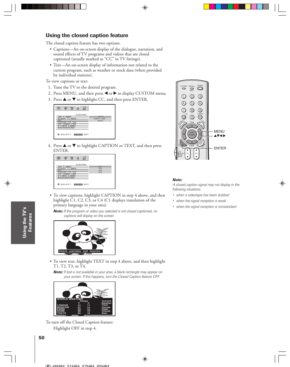 Using the closed caption feature | Toshiba 46H84 User Manual | Page 50 / 64