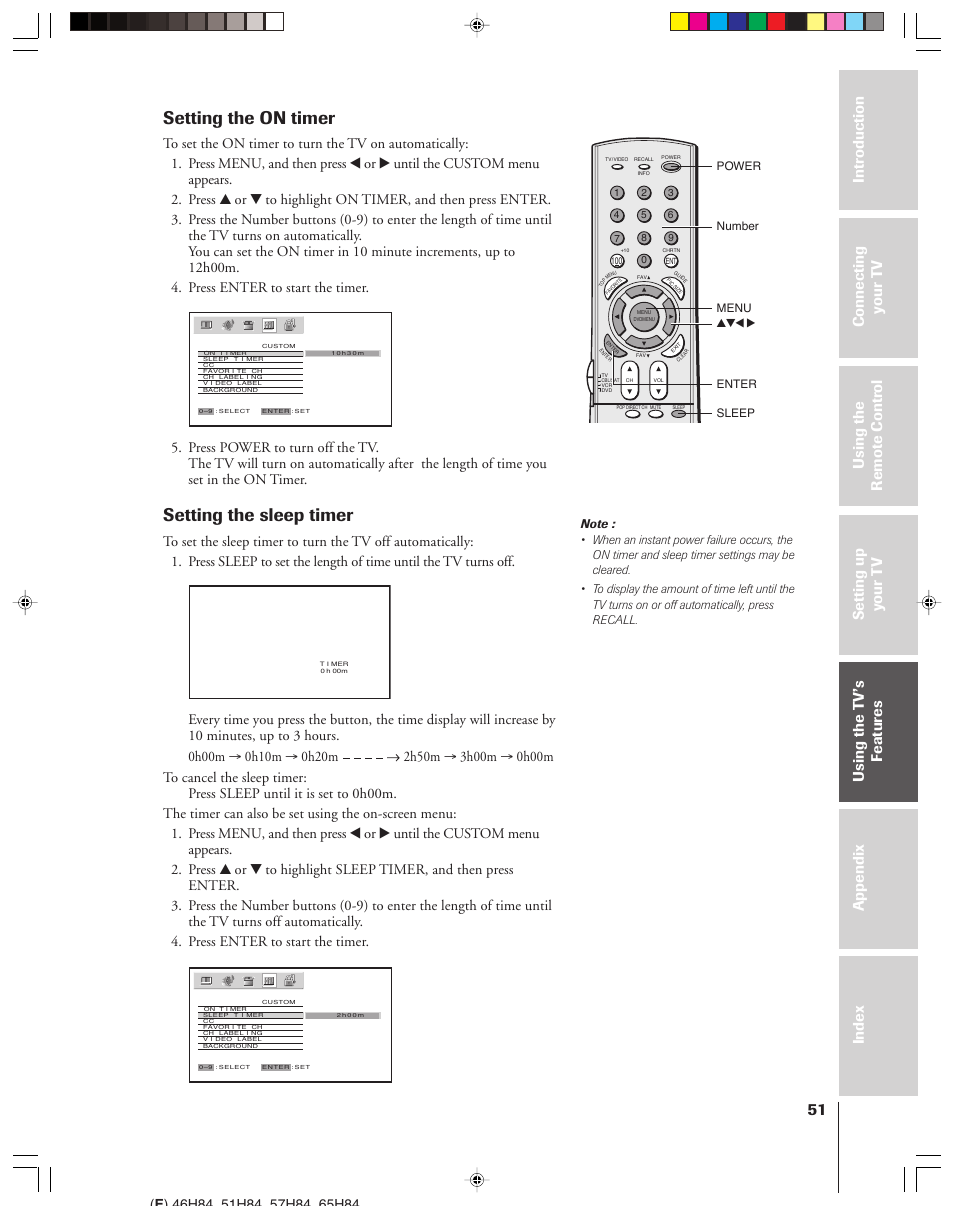 Setting the on timer, Setting the sleep timer | Toshiba 46H84 User Manual | Page 51 / 64