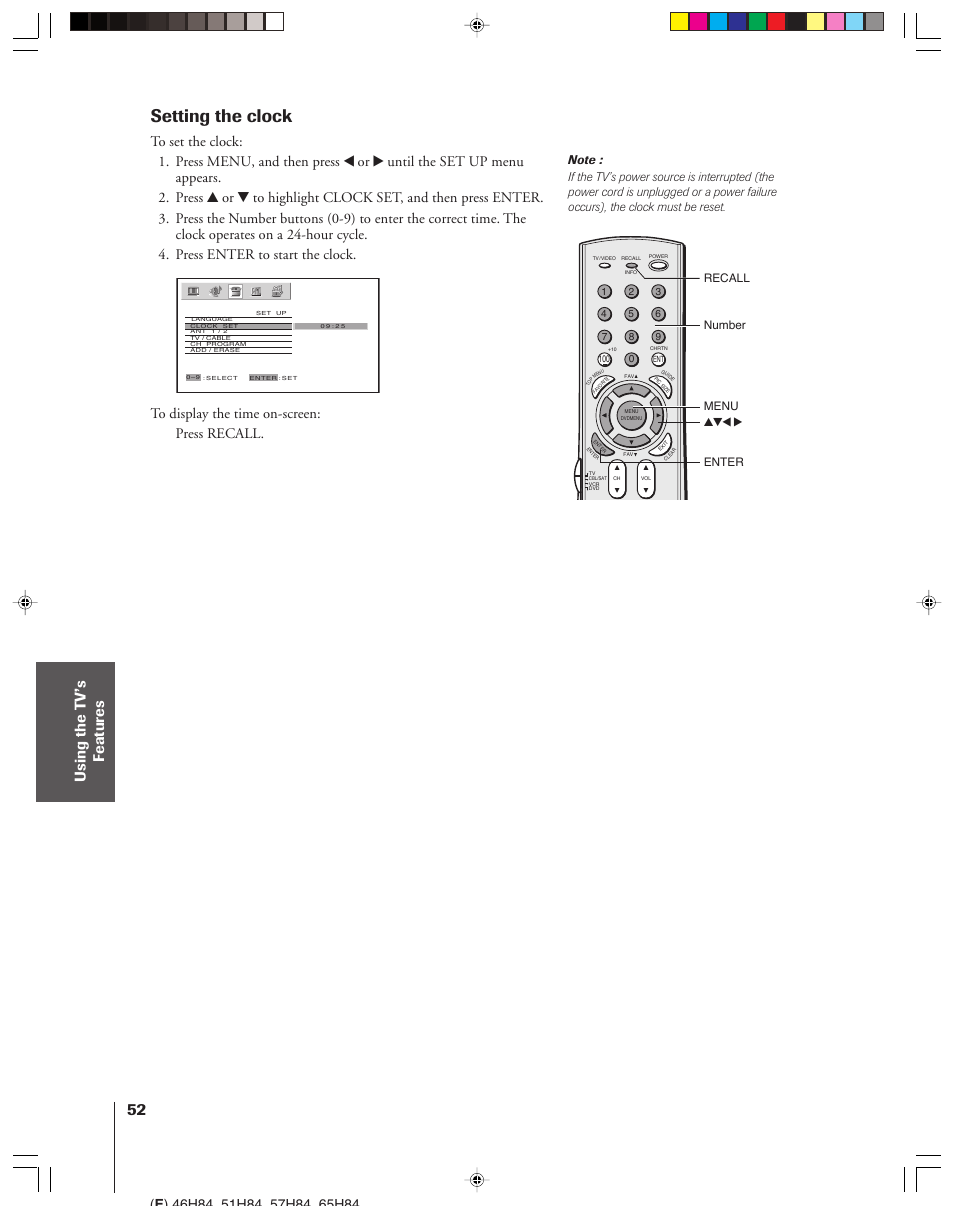 Setting the clock | Toshiba 46H84 User Manual | Page 52 / 64