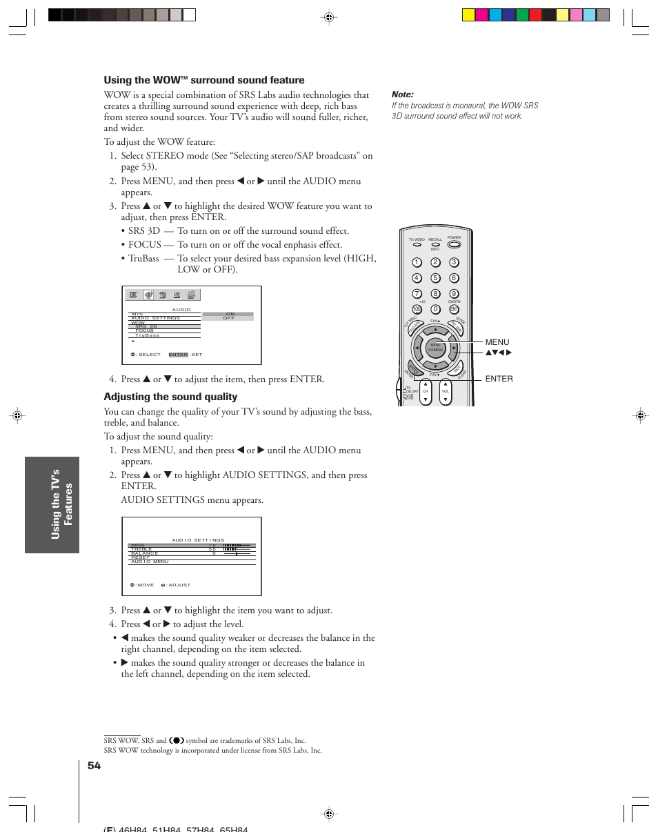 Using the wow™ surround sound feature, Adjusting the sound quality, Press y or z to adjust the item, then press enter | Toshiba 46H84 User Manual | Page 54 / 64