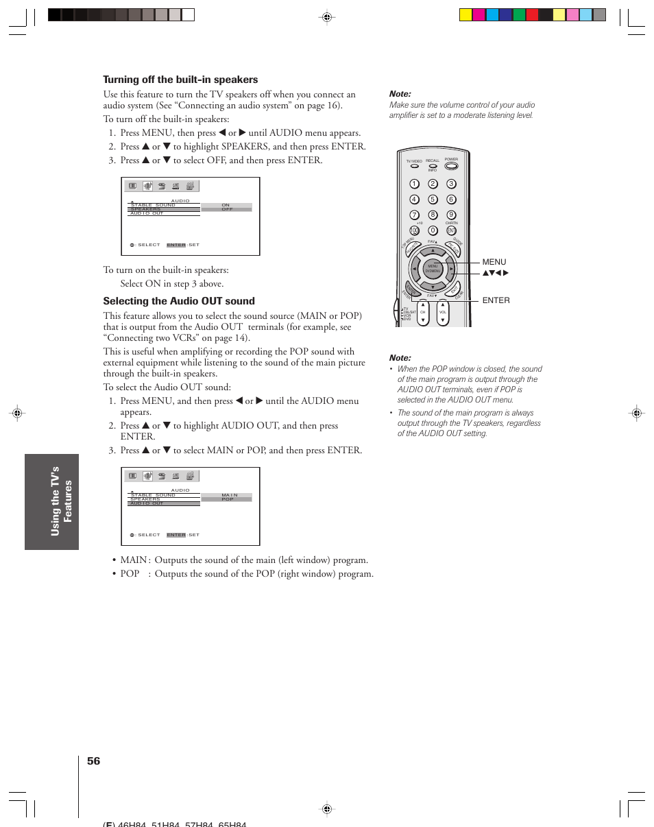 Turning off the built-in speakers, Selecting the audio out sound | Toshiba 46H84 User Manual | Page 56 / 64