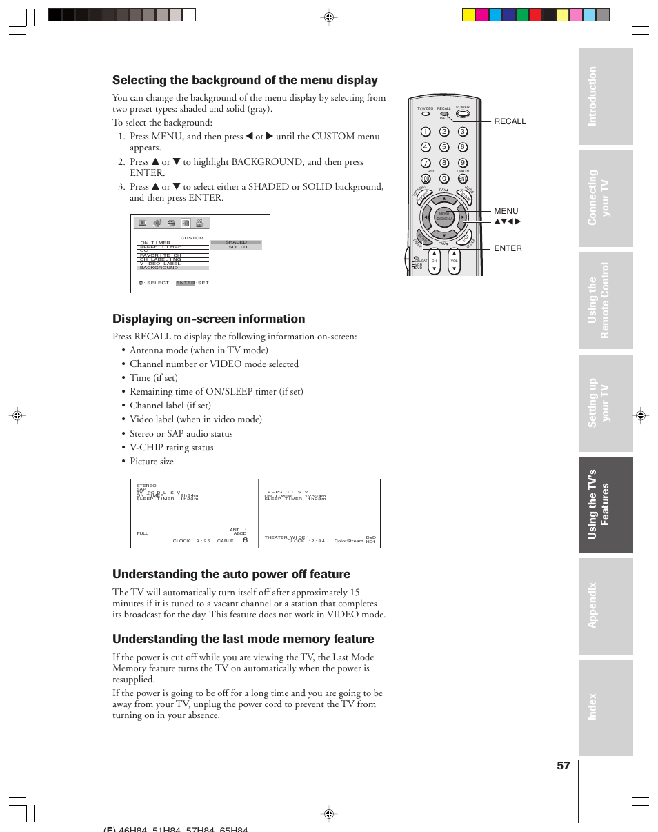 Selecting the background of the menu display, Displaying on-screen information, Understanding the auto power off feature | Yzx • menu recall, Enter | Toshiba 46H84 User Manual | Page 57 / 64