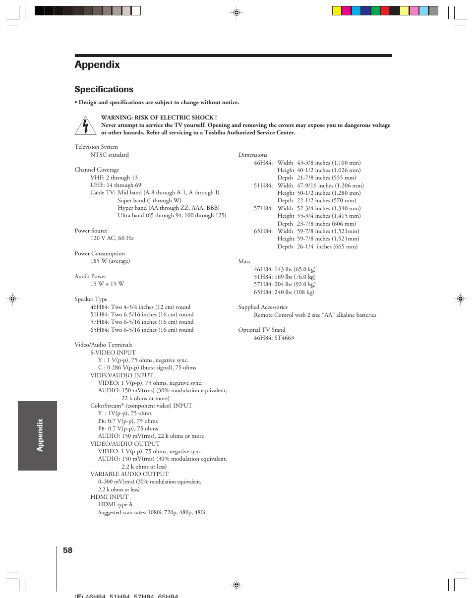 Appendix, Specifications | Toshiba 46H84 User Manual | Page 58 / 64