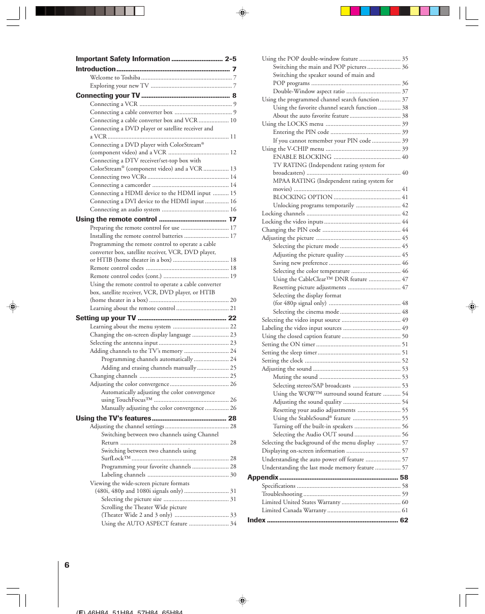 Toshiba 46H84 User Manual | Page 6 / 64