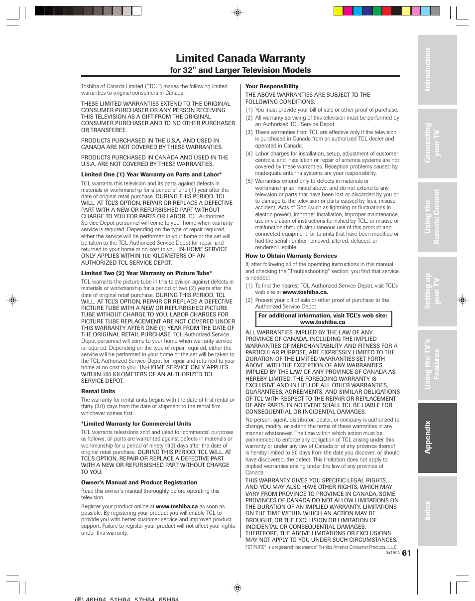 Limited canada warranty, For 32'' and larger television models | Toshiba 46H84 User Manual | Page 61 / 64