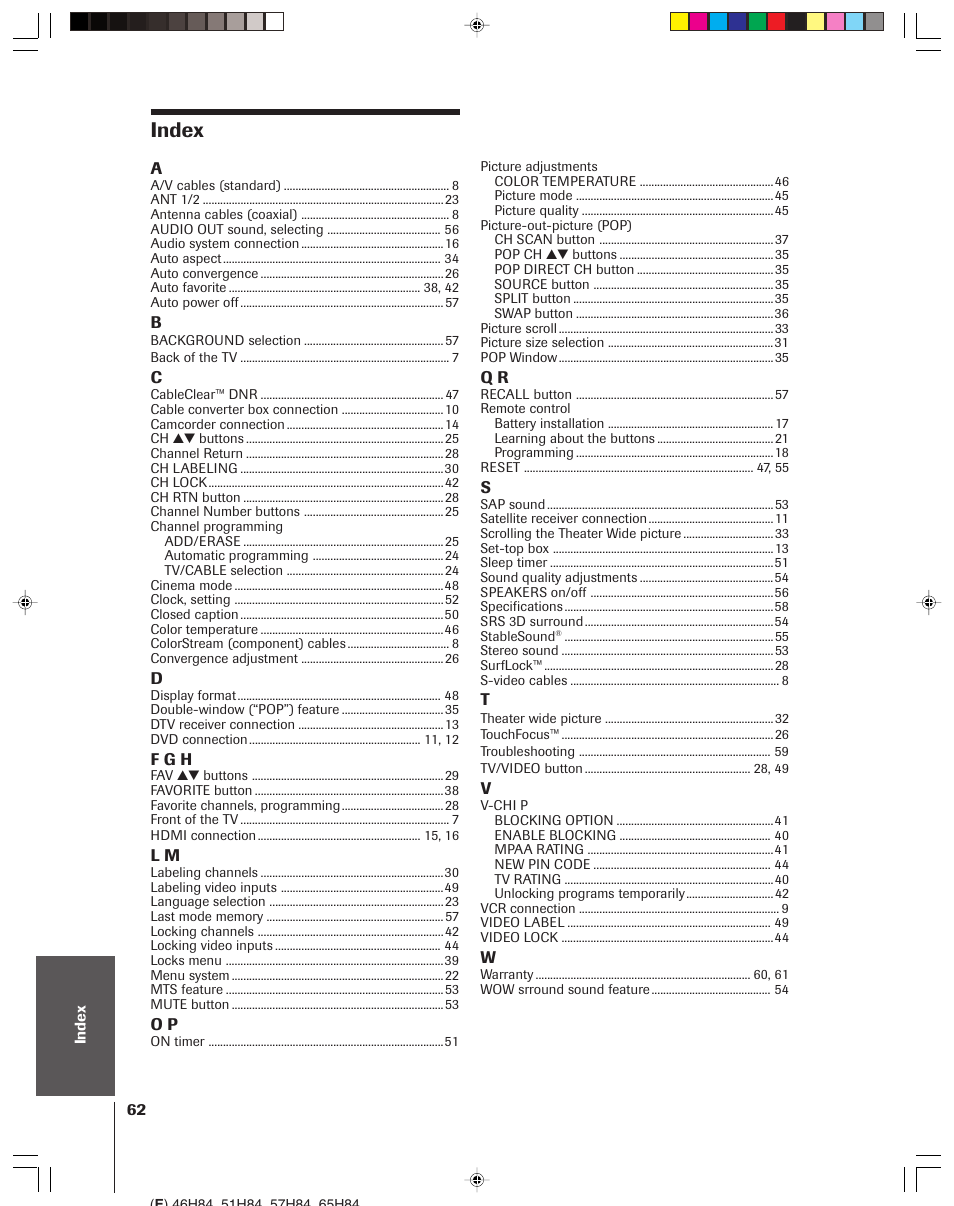 Index | Toshiba 46H84 User Manual | Page 62 / 64