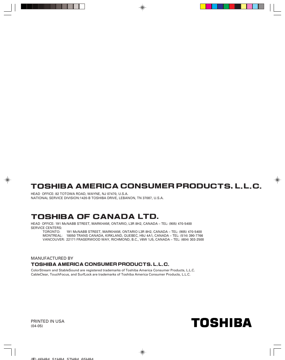 Toshiba 46H84 User Manual | Page 64 / 64