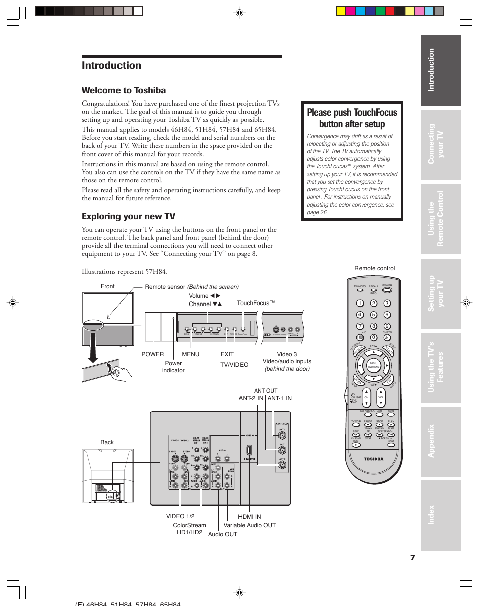 Introduction, Please push touchfocus button after setup, Welcome to toshiba | Exploring your new tv | Toshiba 46H84 User Manual | Page 7 / 64