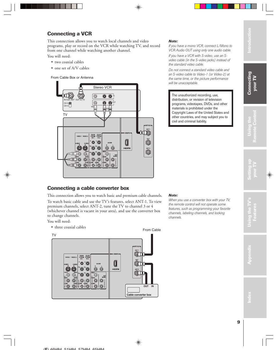 Connecting a vcr, Connecting a cable converter box | Toshiba 46H84 User Manual | Page 9 / 64