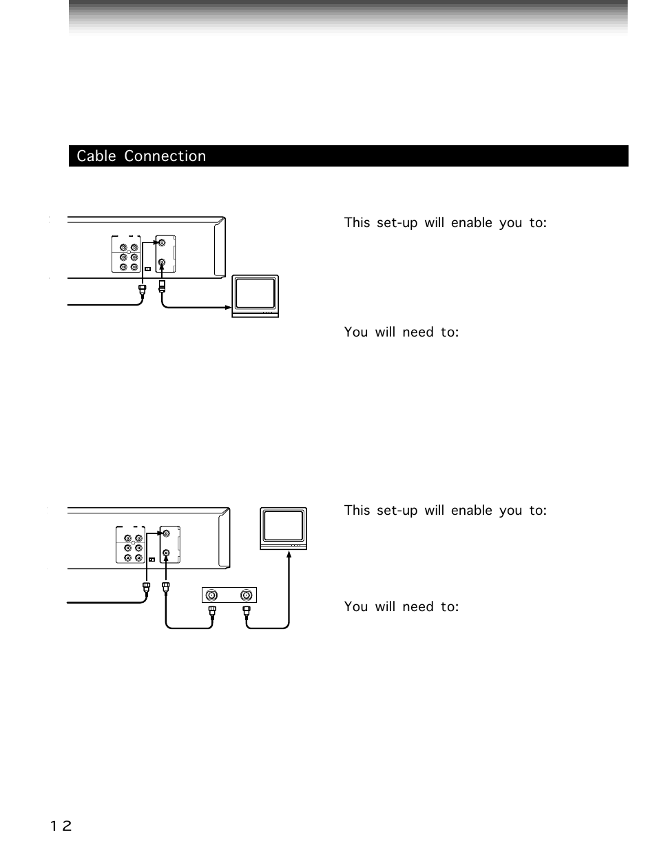 Cable, Connections (continued), Cable connection | Toshiba W-705 User Manual | Page 12 / 42